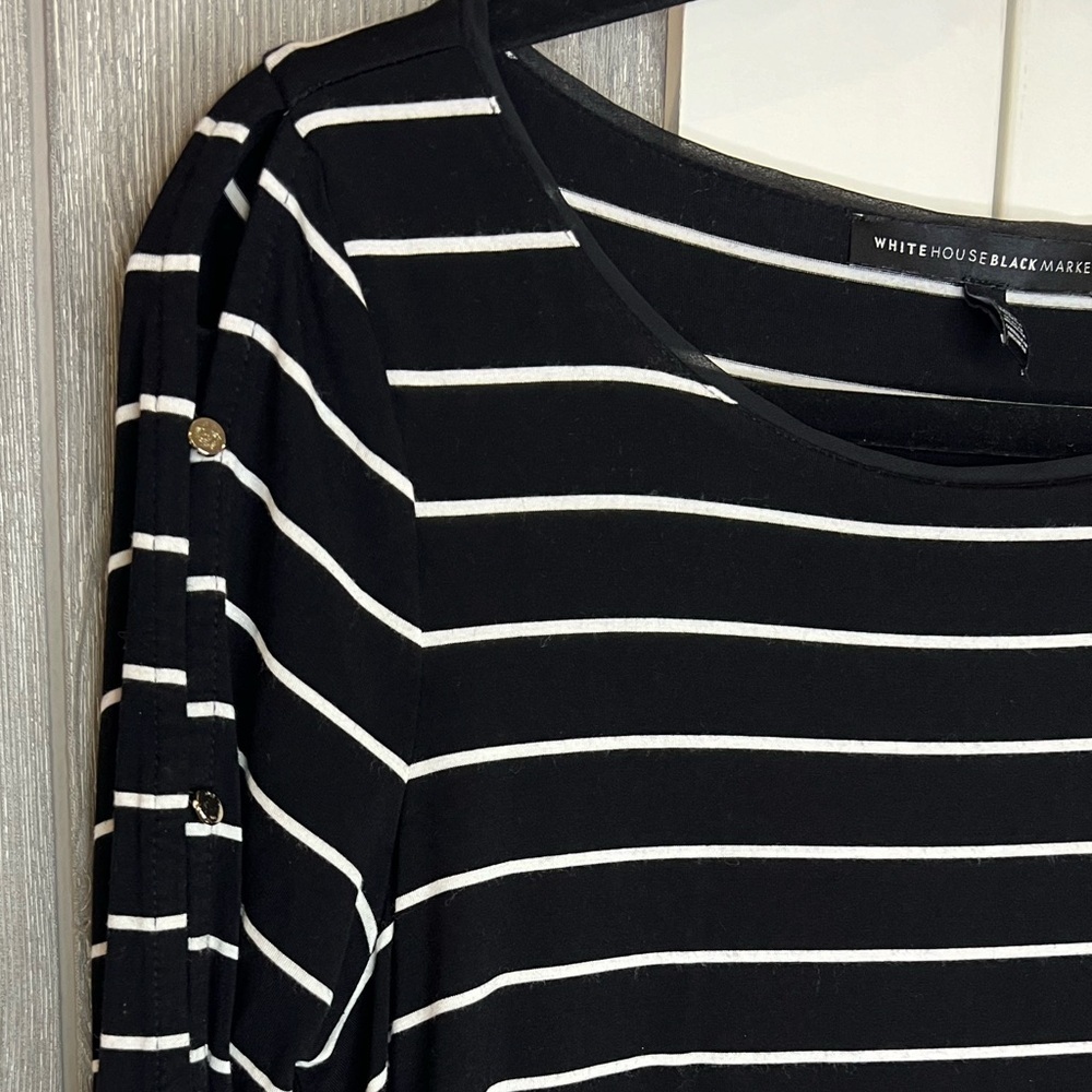 BAG032. White House Black Market Banded Waist Striped Top Button Down Sleeves